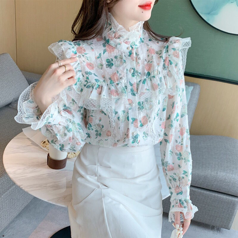 Winter Clothing Vintage - Vintage bedrukt gaas bloemen chiffon overhemd