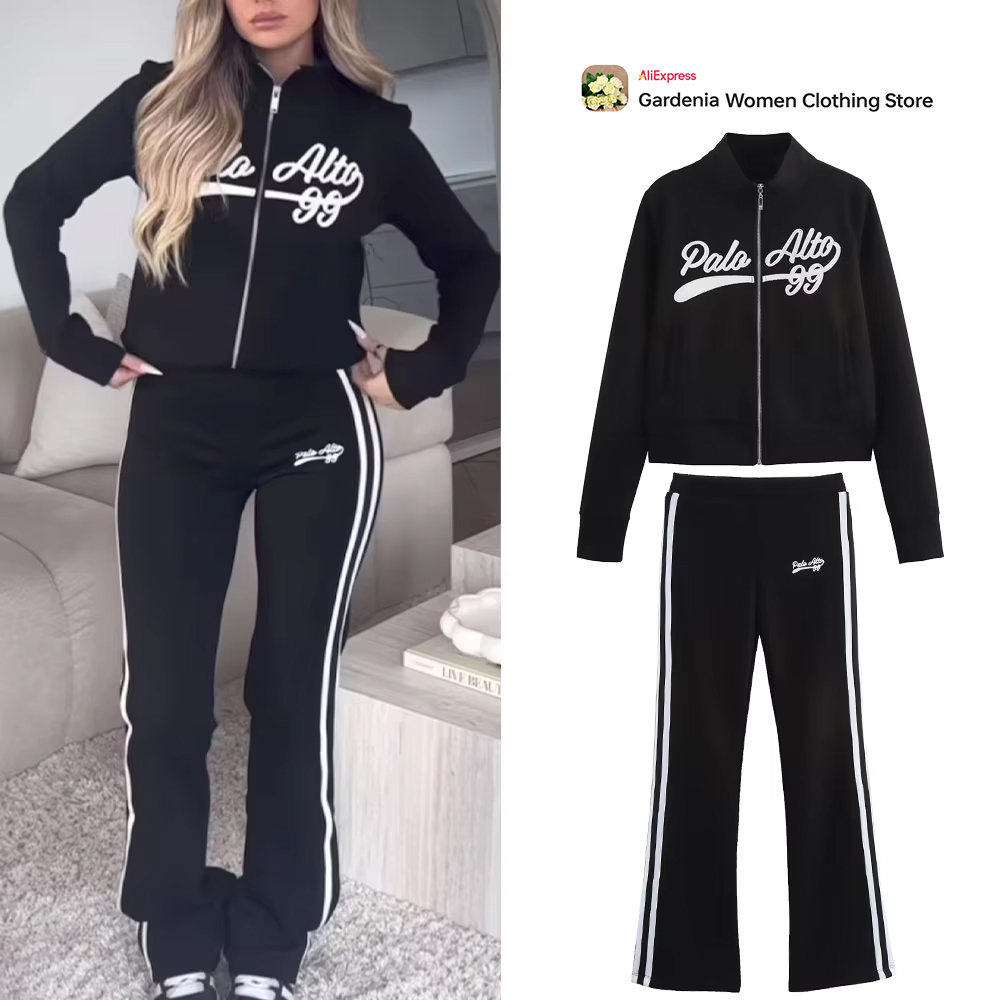 Winter Clothing Color - Casual zwarte Varsity-sportset voor dames, geborduurd